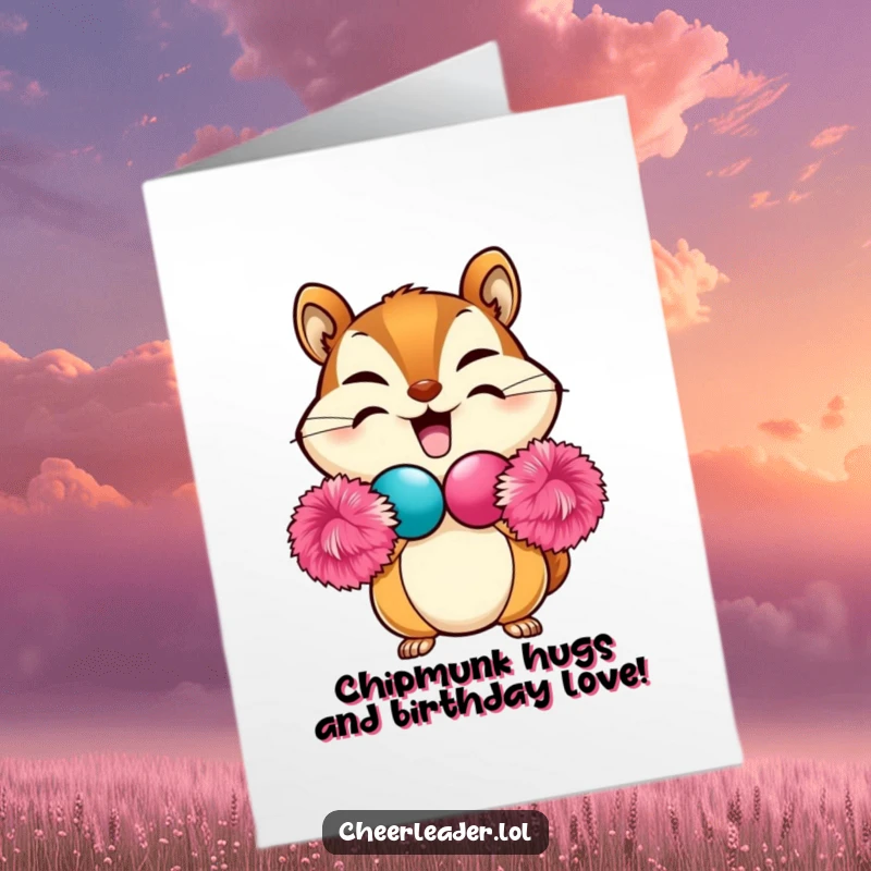 Funny Free Printable Birthday Card: Chipmunk makes heart with pom-poms, celebrating with joy, perfect DIY greeting.