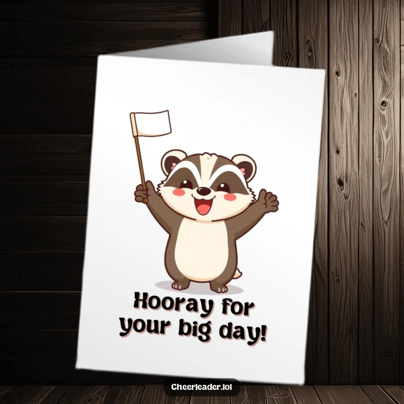 Funny Free Printable Birthday Card: Cheerful badger with a huge smile, leading a vocal cheer with enthusiasm.
