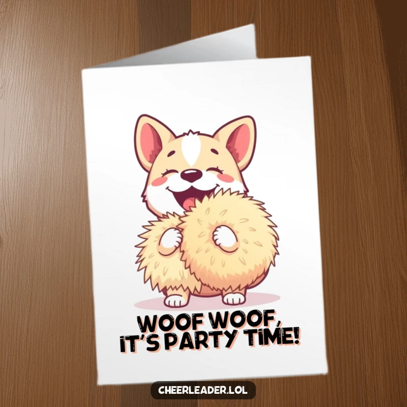 Funny Free Printable Birthday Card: Excited dog barking, enthusiastically holding a huge pom-pom, ready to party.