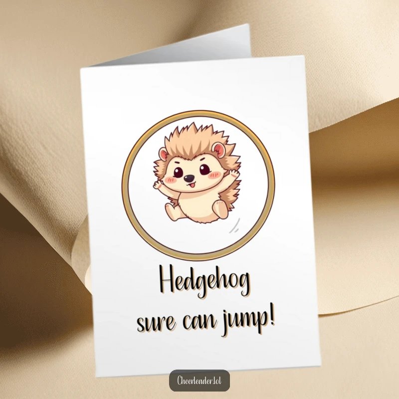Funny Free Printable Birthday Card: Determined hedgehog heroically leaps through a hoop, ready to party. A hilarious downloadable greeting.