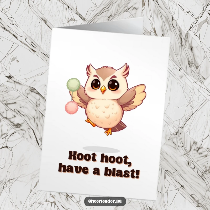 Funny Free Printable Birthday Card: Giggling owl in mid-air jump with colorful pom-poms, spreading joy.