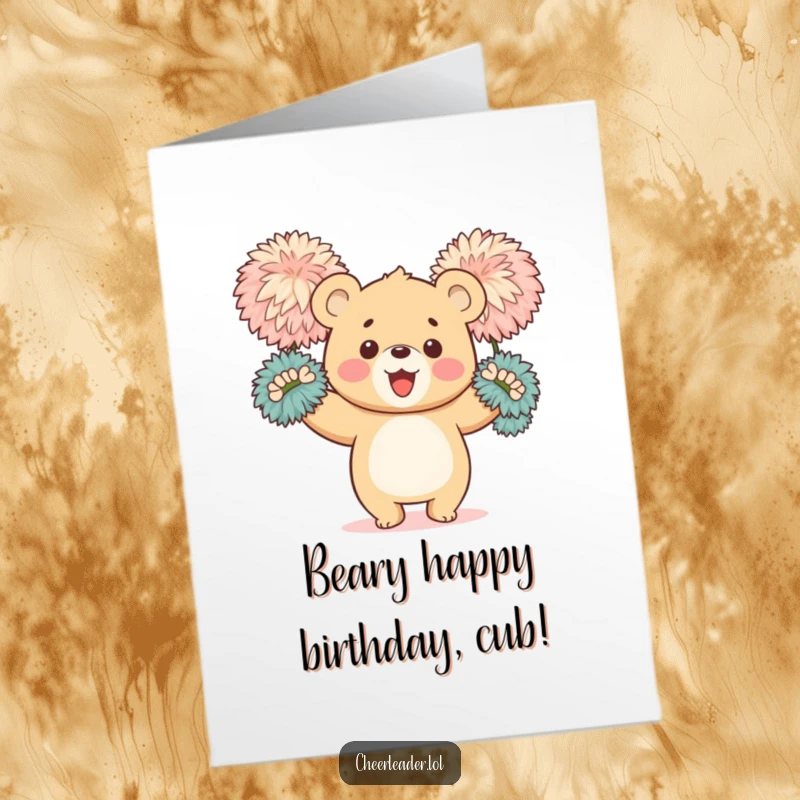 Funny free printable birthday card featuring a happy bear cub enthusiastically waving big, fluffy pom-poms.