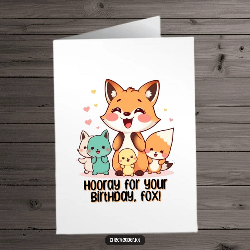 Funny Free Printable Birthday Card: A happy fox at the front, leading a cheerful squad of small animals in a lively cheer.