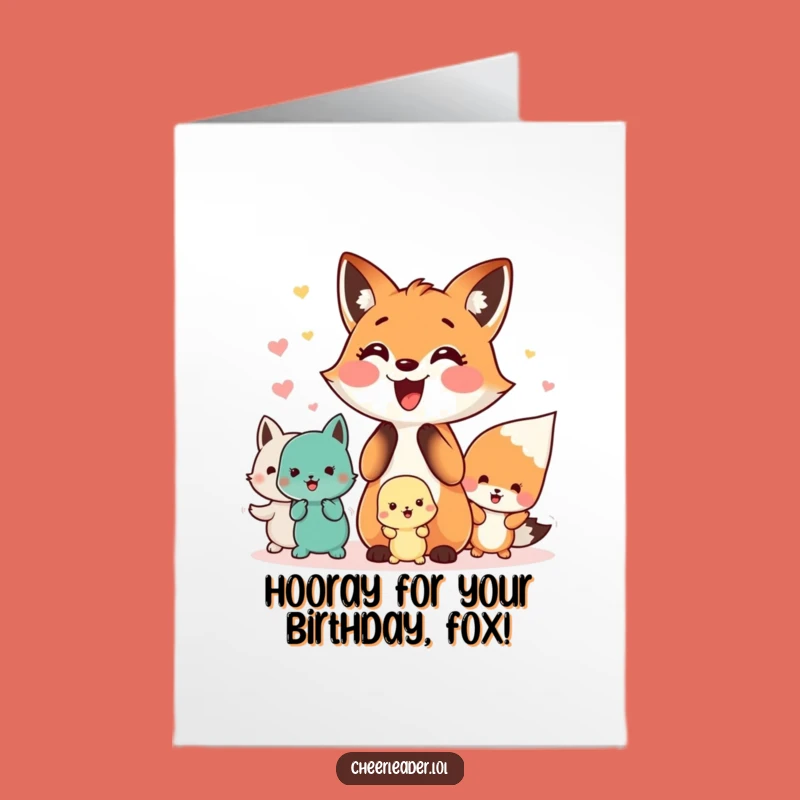 Free Printable Birthday Card: Happy Fox Leading Animal Cheer Squad Funny Downloadable Gift