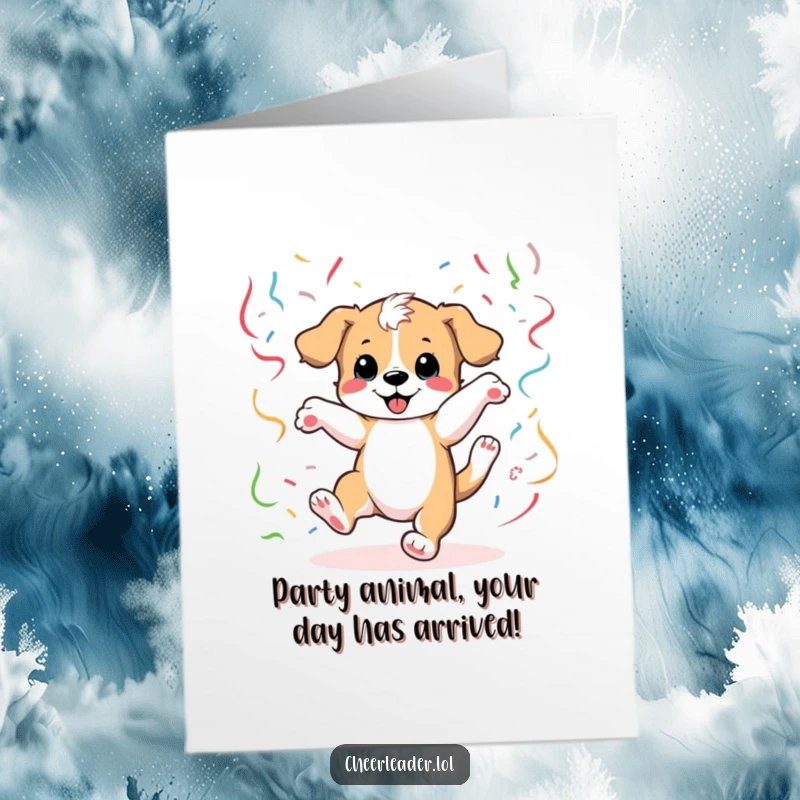 Funny Free Printable Birthday Card: Energetic puppy doing a cartwheel with streamers, spreading birthday cheer. Perfect for dog lovers.