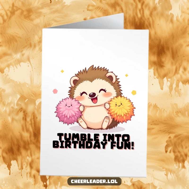 Funny Free Printable Birthday Card: Happy hedgehog tumbles with pom-poms, cute and joyful celebration, perfect DIY.