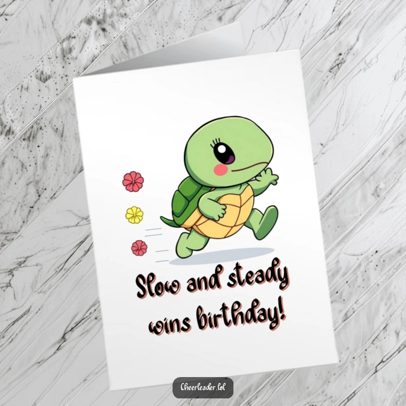 Funny Free Printable Birthday Card: A surprisingly fast Turtle racing ahead, pom-poms trailing, leaving a blur of speed.