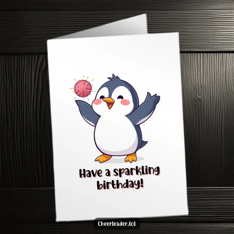 Funny Free Printable Birthday Card: A penguin in a dynamic pose tosses a sparkly pom-pom high in the air.