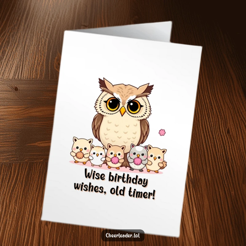 Funny Free Printable Birthday Card: A determined owl with pom-poms leading smaller animals, celebrating a birthday with authority.
