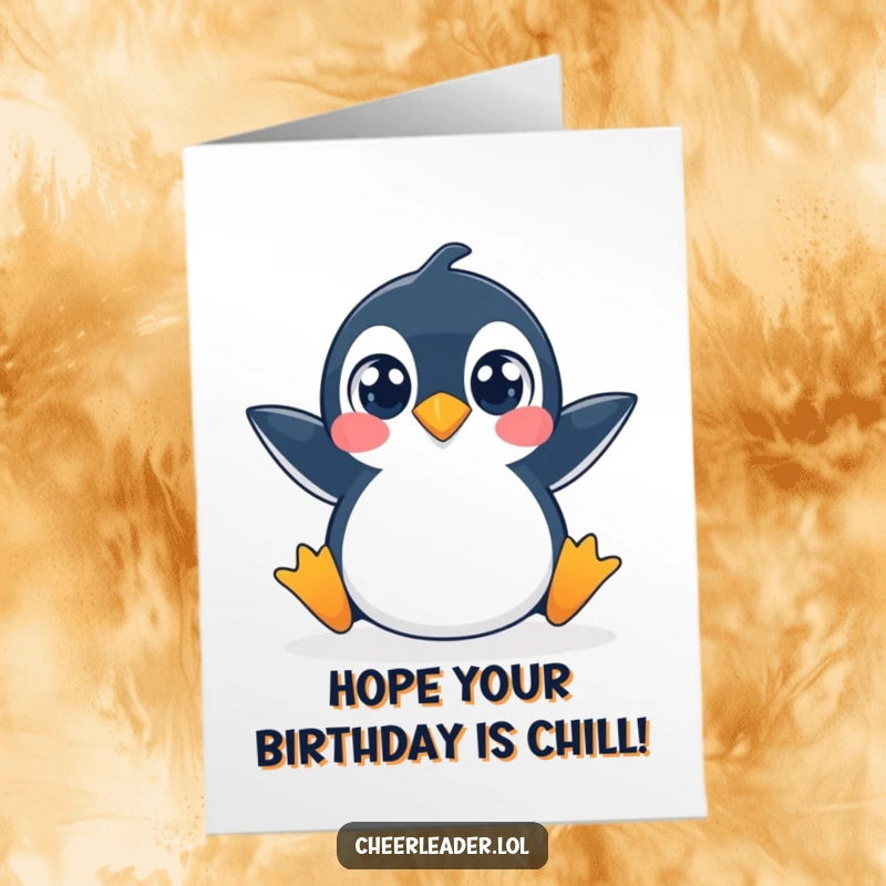 Funny Free Printable Birthday Card: Playful penguin doing a split with wide eyes, celebrating joyously.