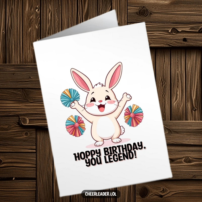 Funny Free Printable Birthday Card: A happy rabbit cheering loudly with pom-poms held high, embodying pure birthday excitement.