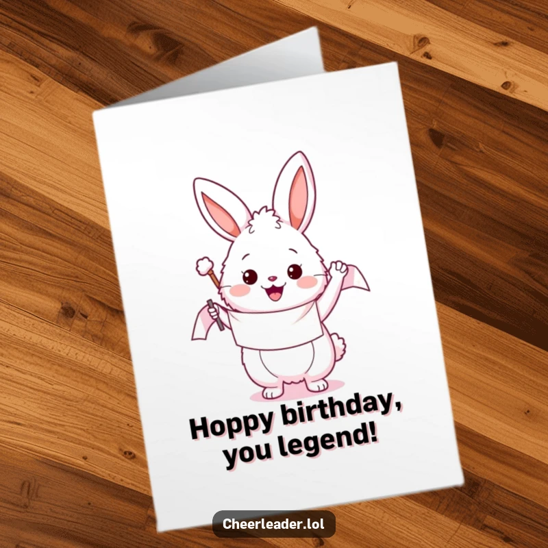 Funny Free Printable Birthday Card featuring a fluffy bunny enthusiastically waving a banner, ready to spread birthday cheer.