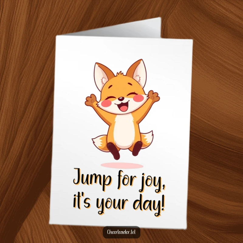 Funny Free Printable Birthday Card featuring a cheerful fox cub in a spirited jump with arms raised, ready to party.