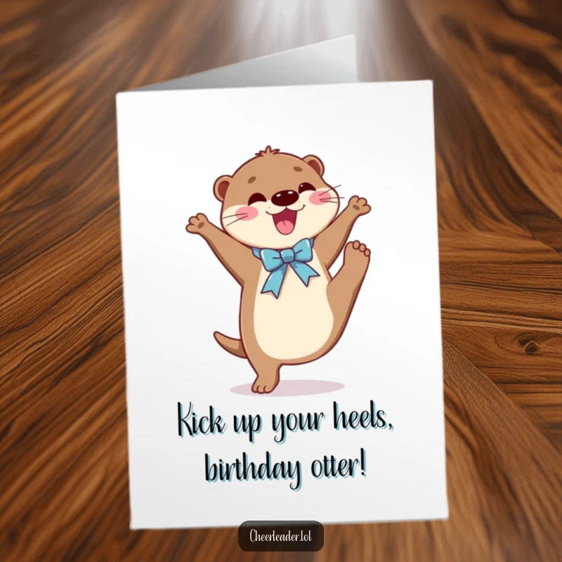 Funny free printable birthday card featuring a joyful otter in a shiny ribbon doing a dynamic high kick.