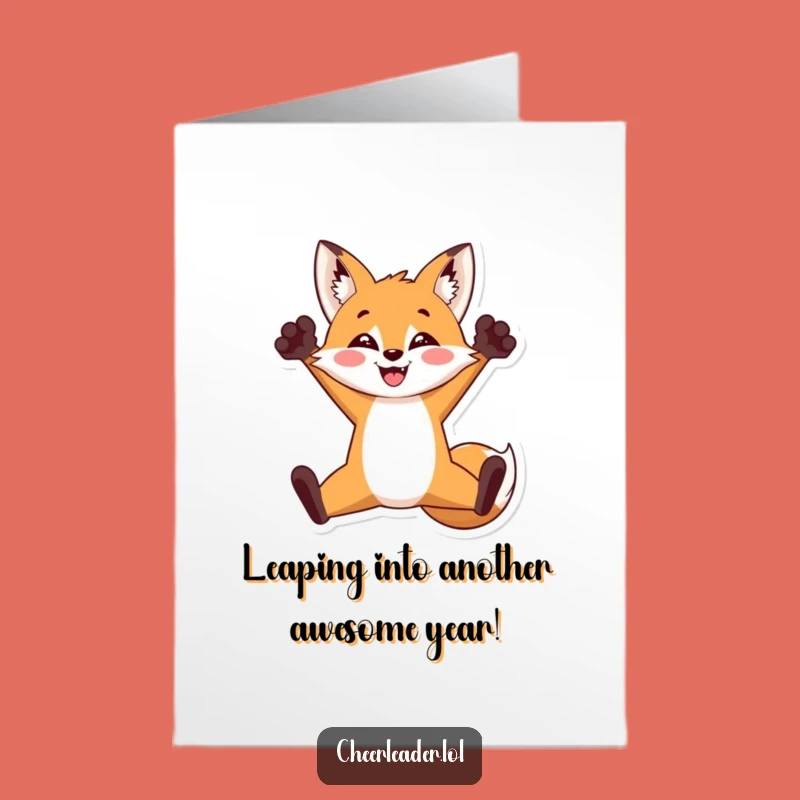 Free Printable Birthday Card: Funny Fox Split Jump Triumph - DIY Downloadable Gift