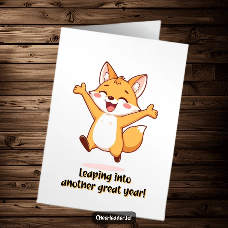 Funny Free Printable Birthday Card: Cheerful fox jumping with joy, arms open wide, a hilarious and exciting greeting.