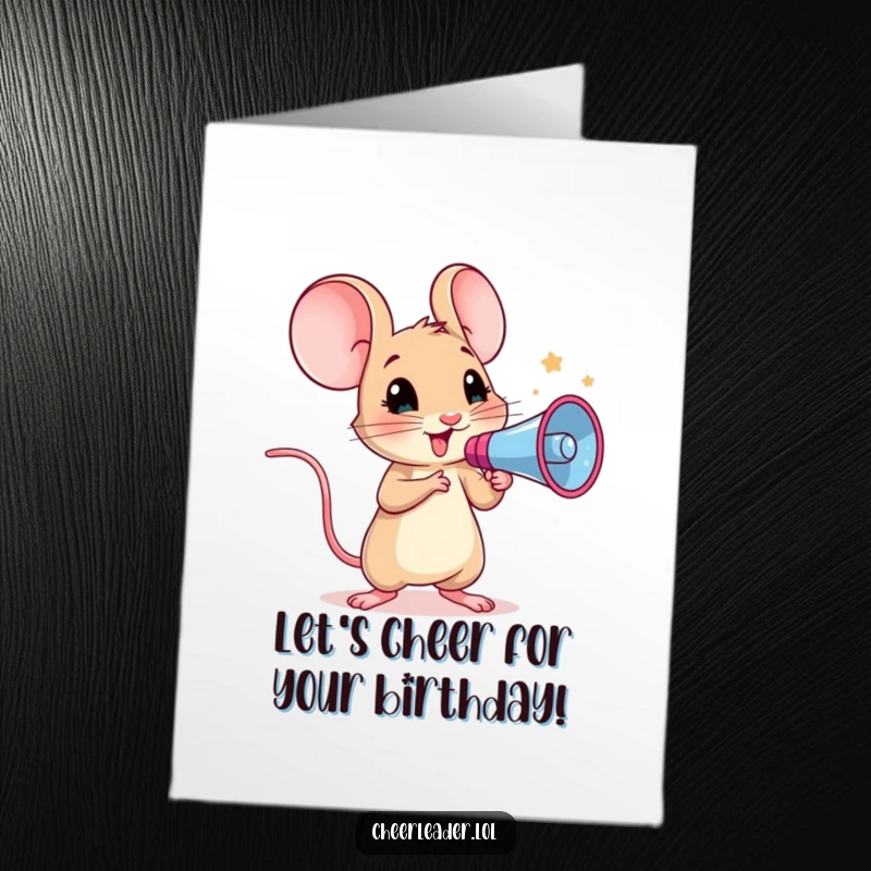 Funny Free Printable Birthday Card: Curious mouse leading a cheer with a megaphone, shouting birthday wishes.