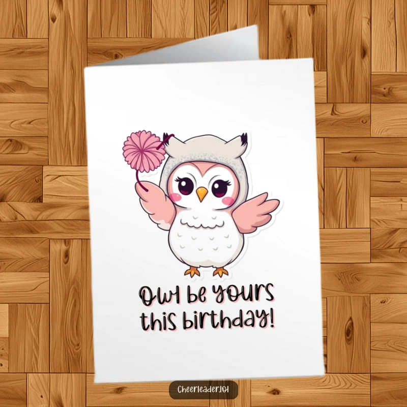 Funny Free Printable Birthday Card of a smiling owl in a glittery costume throwing a pom-pom.