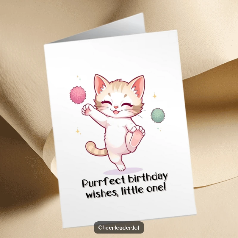 Funny Free Printable Birthday Card: A playful kitten attempting a high kick with sparkling pom-poms, radiating birthday energy.