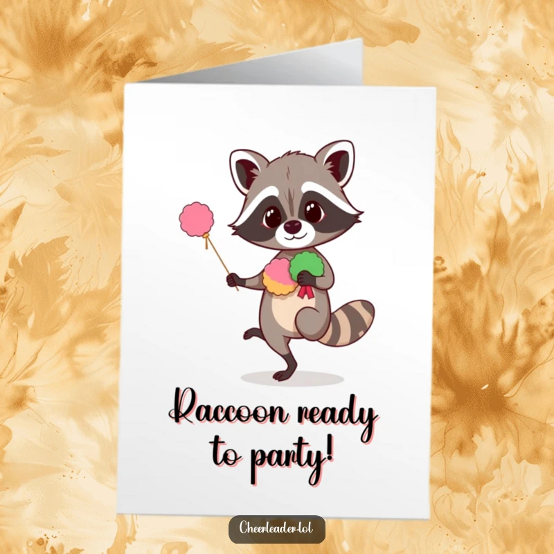 Funny Free Printable Birthday Card: A curious raccoon hilariously balances on one leg holding pom-poms, ready to cheer. Downloadable fun.