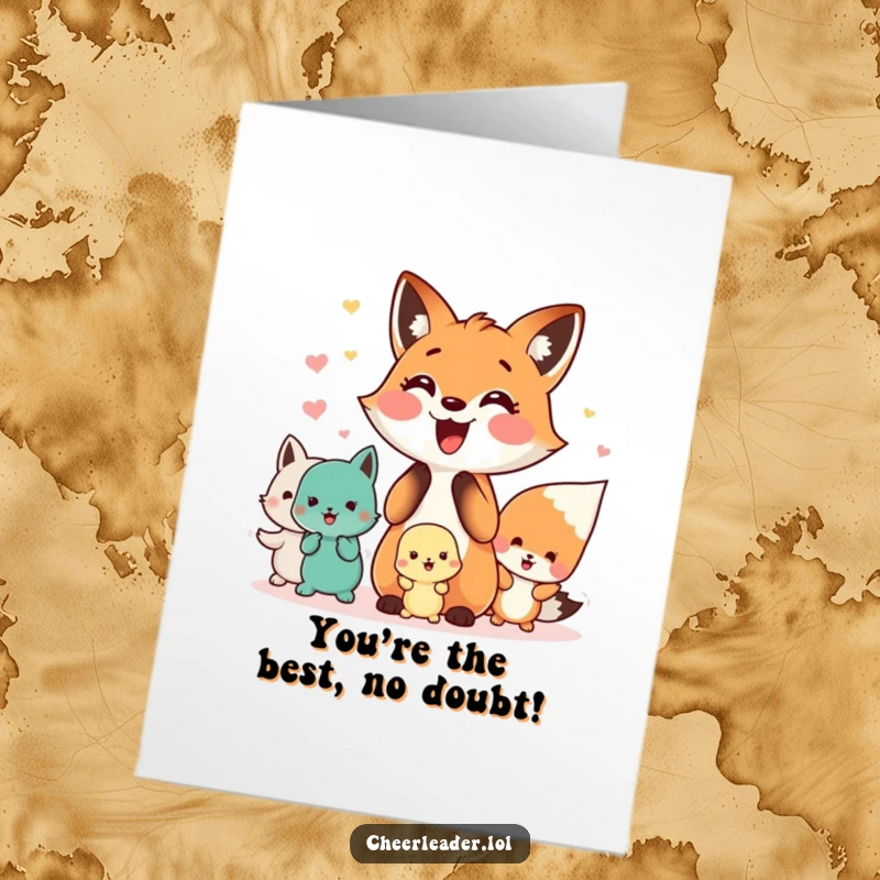 Funny Free Printable Congratulations Card: A happy fox leading a group of small, excited animals in a spirited cheer.