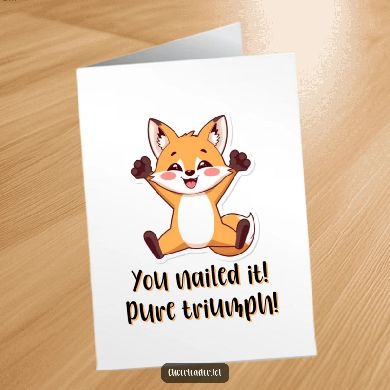 Funny Free Printable Congrats Card: Energetic Fox celebrating a win with a triumphant split jump, paws high.