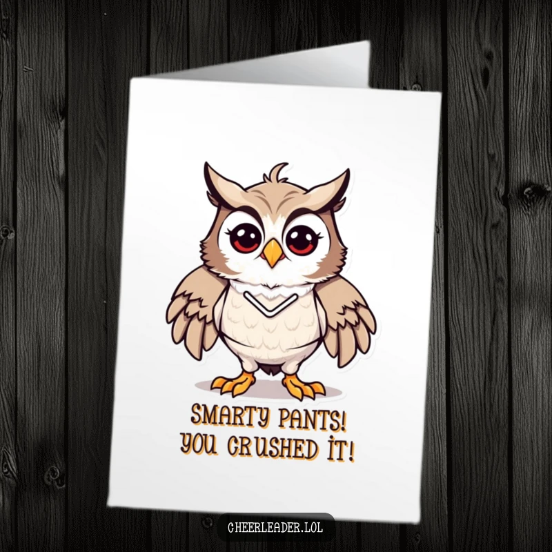 Funny Free Printable Congrats Card: A proud Owl performing a classic cheerleading pose, radiating energy and accomplishment.