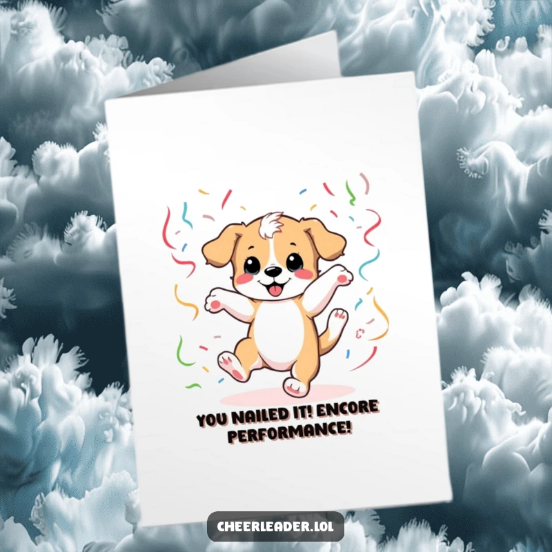 Funny Free Printable Congratulations Card: A vibrant puppy doing a cartwheel amid streamers, celebrating a big achievement with pure joy.