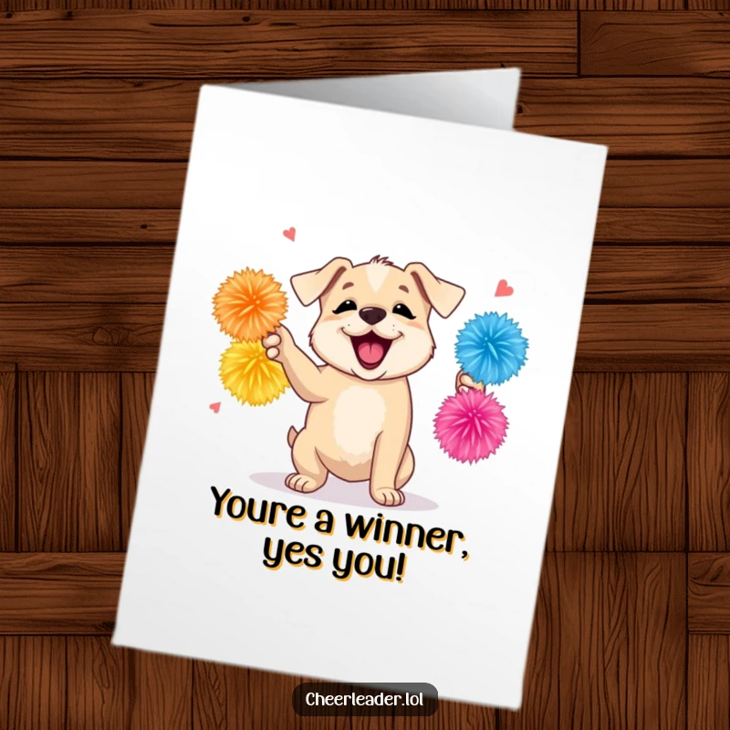Funny Free Printable Congratulations Card: An adorable puppy shaking vibrant pom-poms, barking enthusiastically to celebrate achievements.