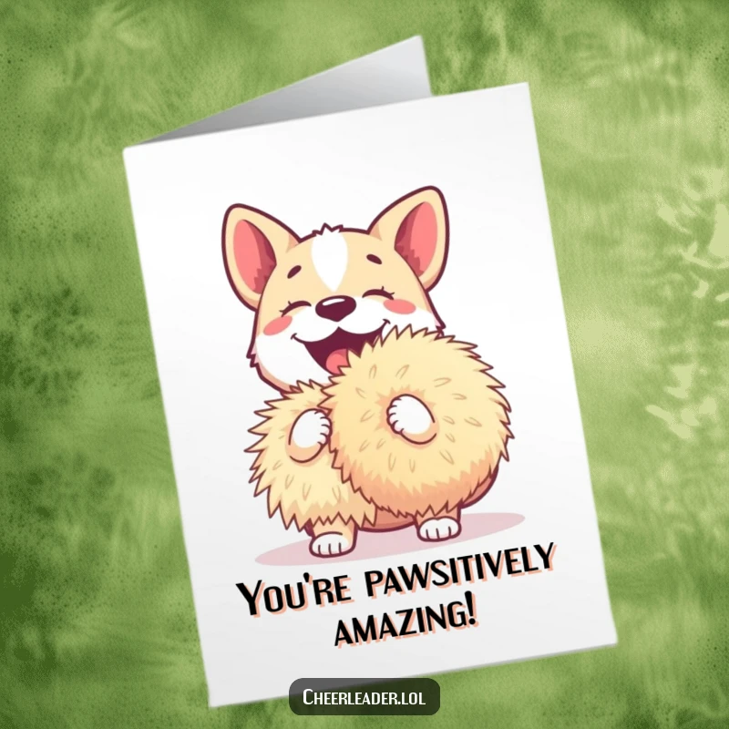 Funny Free Printable Congratulations Card: An ecstatic dog barks happily, clutching a massive pom-pom in celebration.
