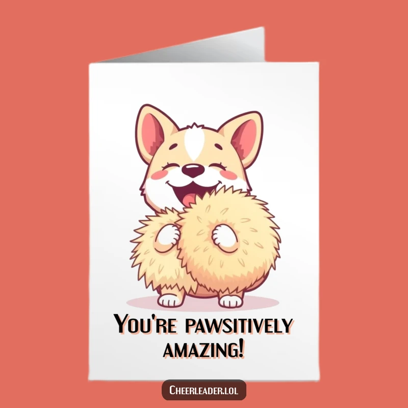 Free Printable Congratulations Card: Joyful Dog with Pom-Pom Funny Downloadable Gift