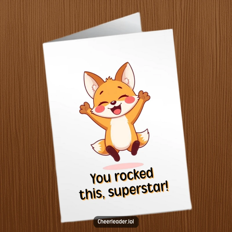 Funny Free Printable Congratulations Card of a cheerful fox cub jumping with arms raised, perfect for celebrating achievements.