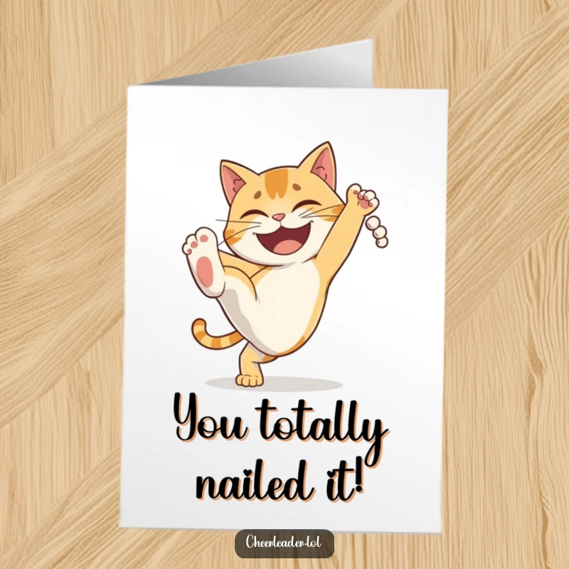 Funny Free Printable Congratulations Card: Determined cat executing a high kick with a grin, signifying a triumphant victory.