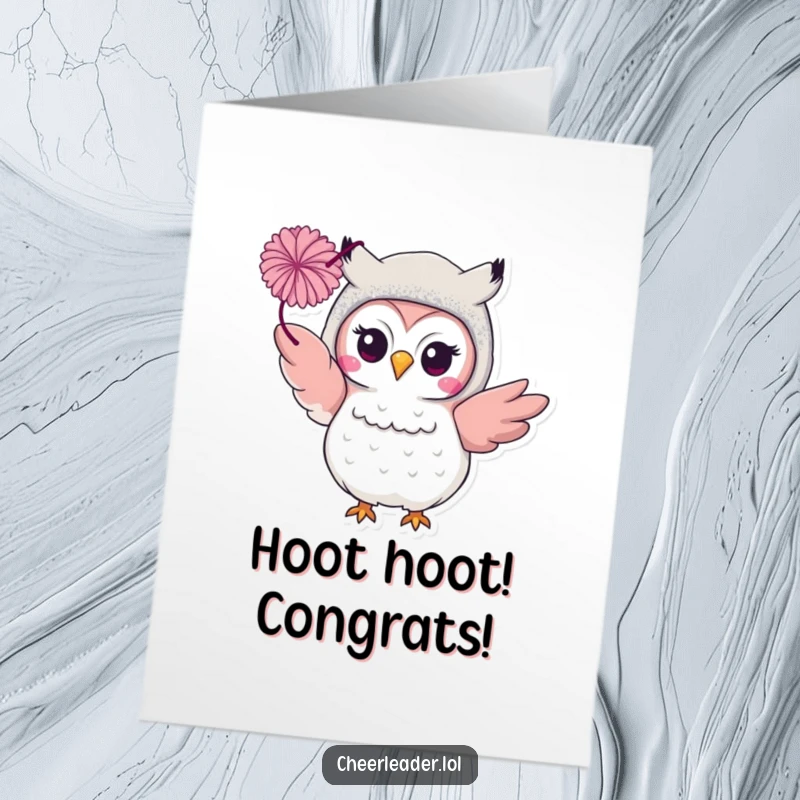 Funny Free Printable Congratulations Card featuring a smiling owl in a glittery costume throwing a pom-pom.