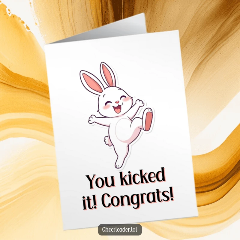 Funny Free Printable Congratulations Card of a cheerful rabbit with a big smile performing a high kick.