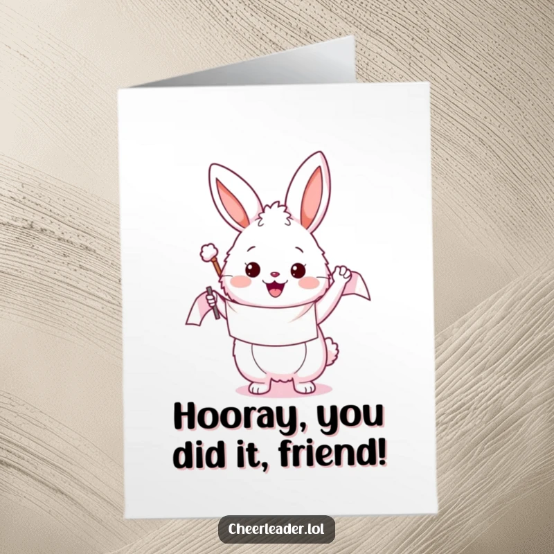Funny Free Printable Congratulations Card with a fluffy bunny holding a banner, perfect for celebrating any big win.