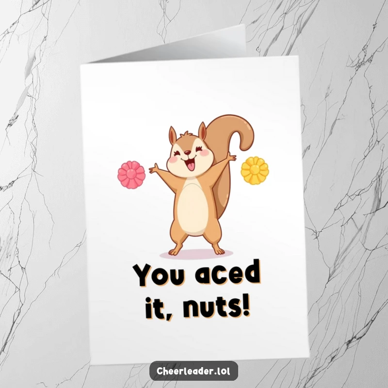 Funny Free Printable Congratulations Card: A happy squirrel performs a cartwheel with pom-poms, celebrating a successful accomplishment.