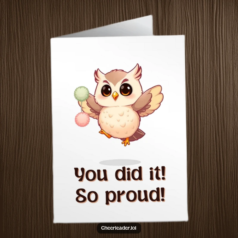 Funny Free Printable Congratulations Card: Giggling owl energetically jumping with pom-poms, celebrating success.