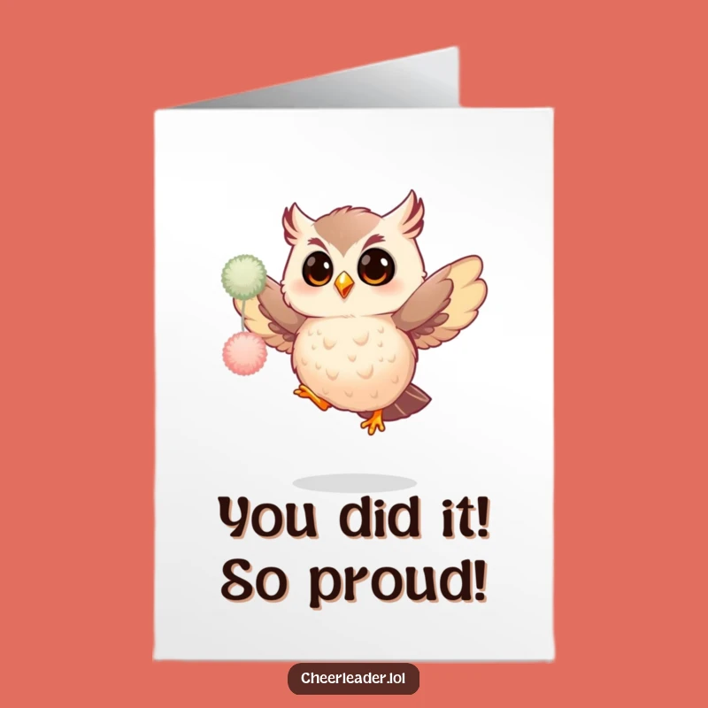 Free Printable Congratulations Card: Owl Pom-Pom Jump for Your Big Win