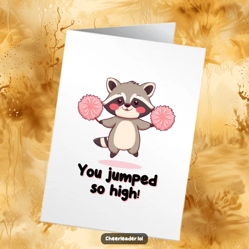 Funny Free Printable Congratulations Card: A shy, blushing raccoon jumping rope with two giant pom-poms, exuding comical effort. Perfect DIY.