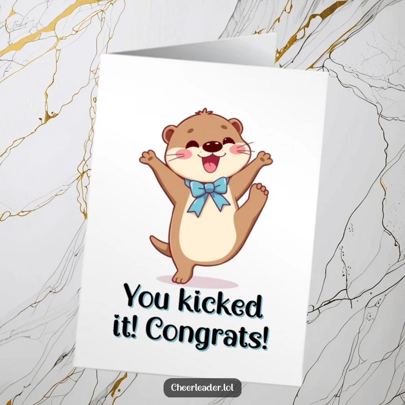 Funny free printable congratulations card showing a joyful otter with a ribbon performing an impressive high kick.