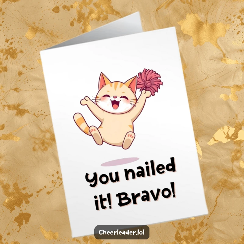 Funny Free Printable Congratulations Card: Giggling cat doing a victory leap with pom-poms at a celebration.