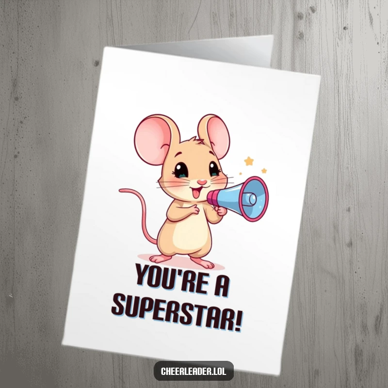 Funny Free Printable Congratulations Card: Curious mouse holding a megaphone, leading a loud cheer of success.
