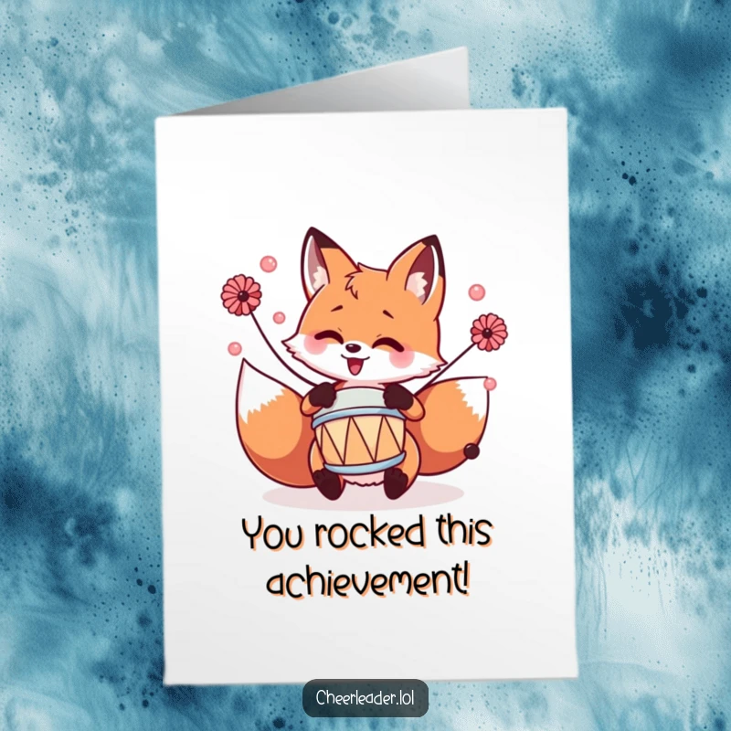 Funny Free Printable Fox Congratulations Card: A fox with pom-poms enthusiastically beating a small drum, cheering for success.