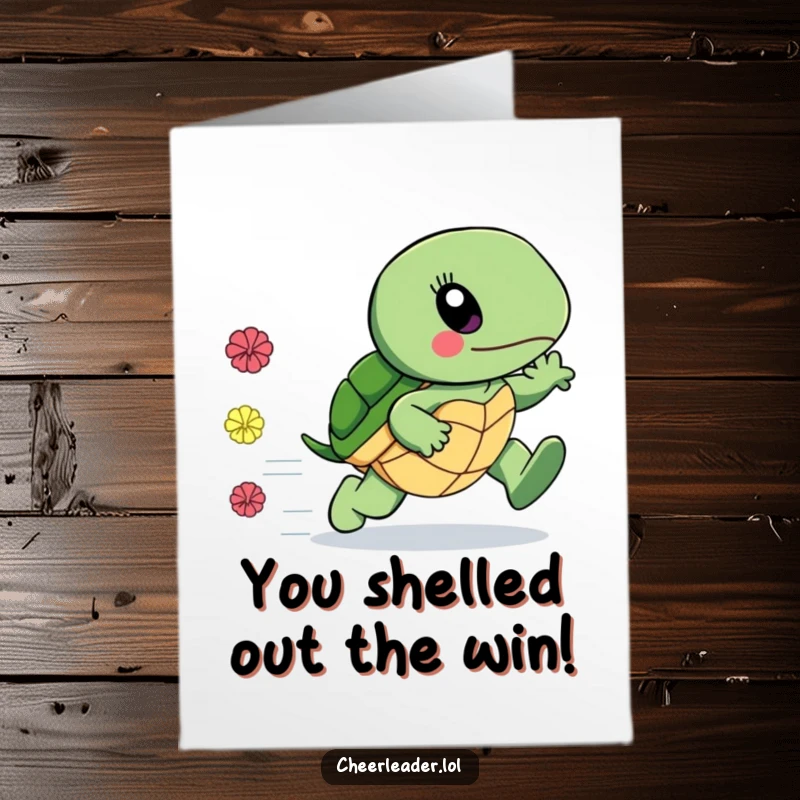 Funny Free Printable Congrats Card: A triumphant Turtle depicted as surprisingly fast, leaving pom-poms in its speedy wake.