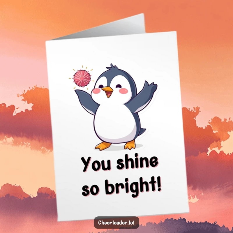 Funny Free Printable Congrats Card: A penguin energetically tosses a shiny pom-pom, celebrating a win.
