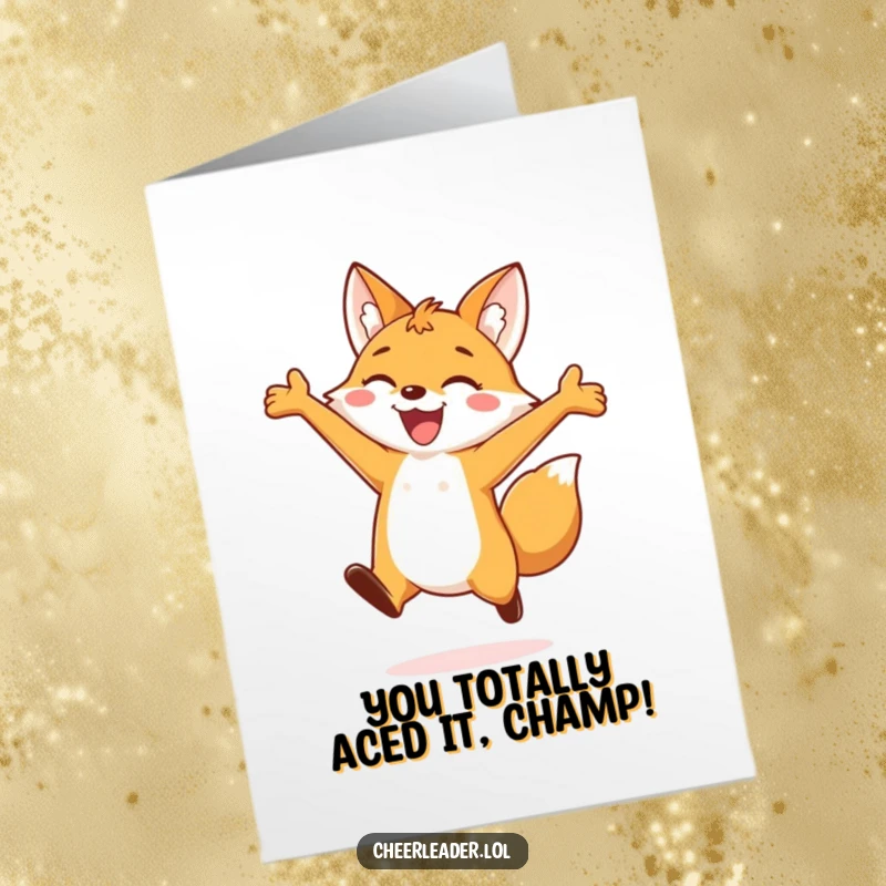 Funny Free Printable Congratulations Card: Energetic fox leaping mid-air, celebrating success with a wide, comical grin.