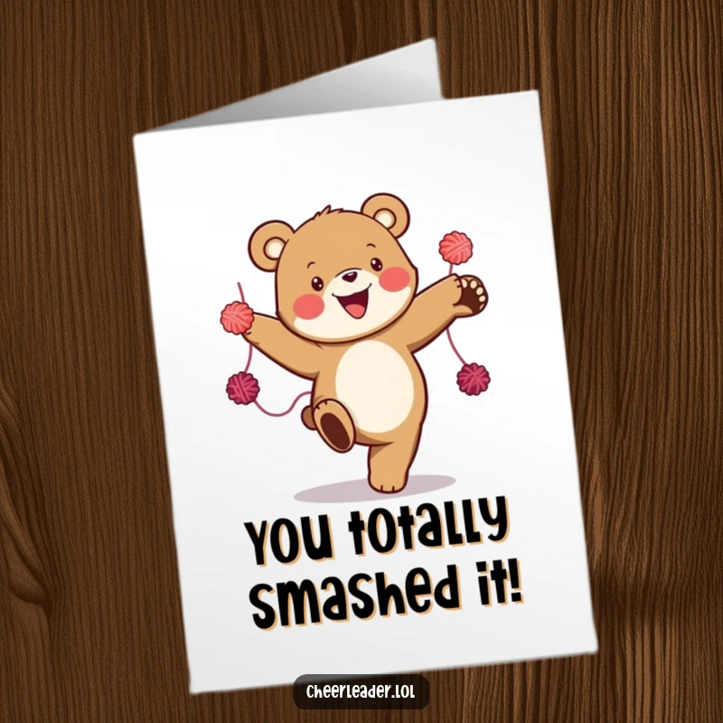 Funny Free Printable Congrats Card: A bear executes a powerful high kick, surrounded by yarn pom-poms.