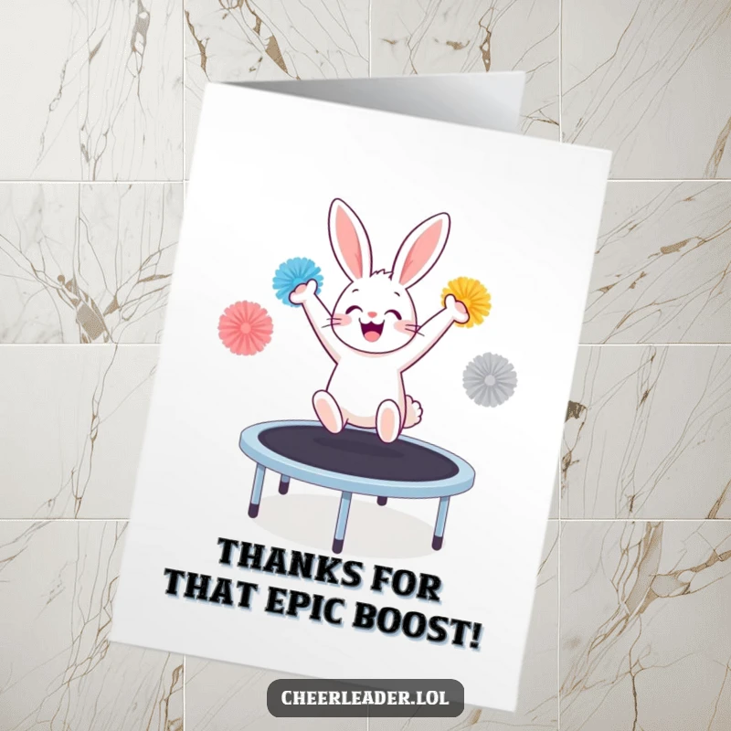 Funny Free Printable Bunny Thank You Card: Cheerful bunny with pom-poms, happily bouncing on a trampoline, sending thanks.