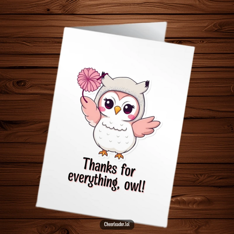 Funny Free Printable Thank You Card of a smiling owl in a glittery costume throwing a pom-pom.